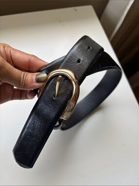 Zara Black Leather Belt with Gold Curved Buckle